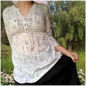 Motherhood Maternity White & Black Dandelion Floral Print Henley Blouse Large